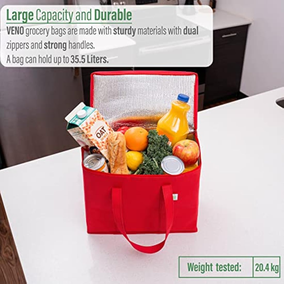 VENO 2 Pack Cooler Bag and Insulated Grocery Bags for Food Delivery, Collapsible Cooler, Reusable Shopping Bags for Groceries with Zipper, Foldable, Heavy-Duty, Stands Upright (Red, 3 Pack)
