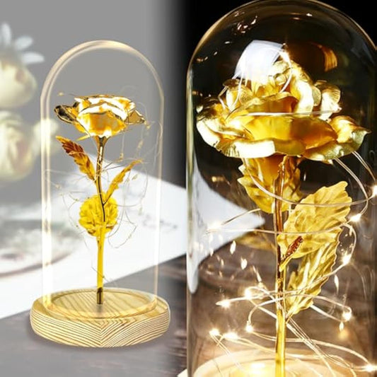 TINYOUTH 24K Golden Rose in Glass Dome, Gold Plated Light Up Flowers Batteries Included Rose Gifts for Women/Her/Mum Wedding Anniversary Valentines Birthday Xmas