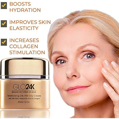 GLO24K Moisturizing Day Cream with 24k Gold, Anti-Aging with Vitamins, Hyaluronic Acid, Collagen