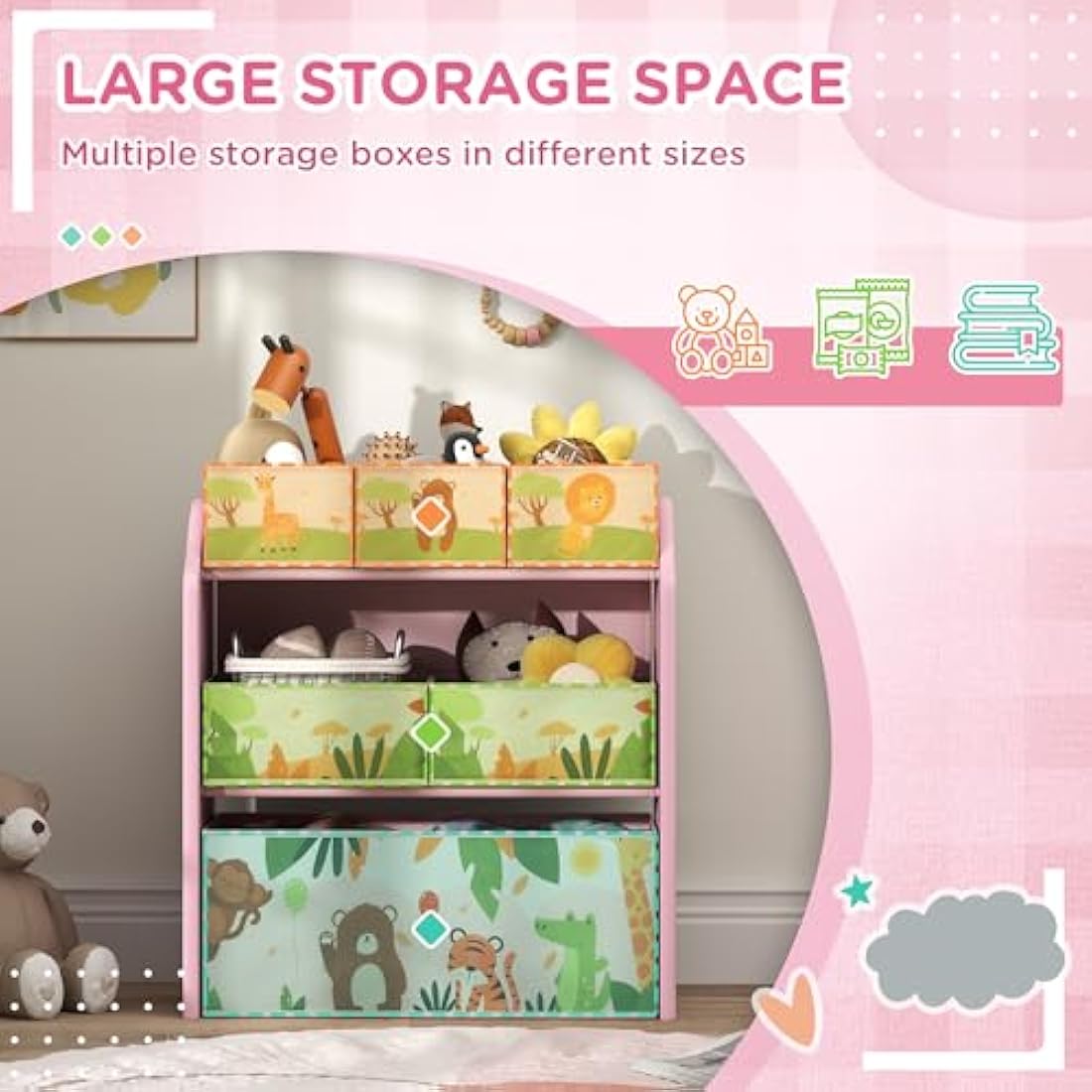 AIYAPLAY Kids Storage Unit, 3-Tier Toy Organiser Shelf with 6 Removable Storage Boxes, for Playroom, Bedroom, Children's Room, Nursery, Pink