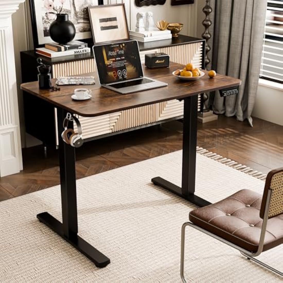 ERGOMAKER Electric Standing Desk 90x60cm, Height Adjustable Sit Stand Desk with Memory Handset Hooks for Home Office(Rustic Brown)