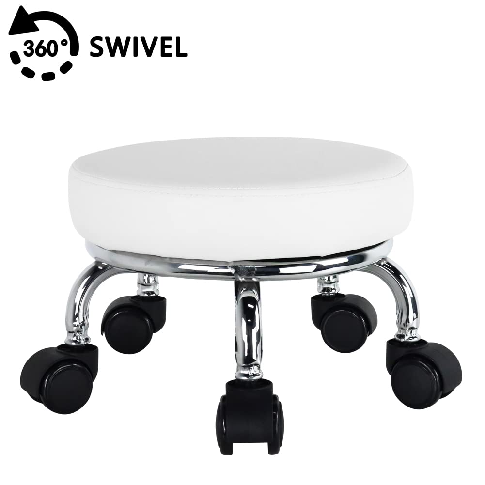 WKWKER Roller Seat PU Leather Low Round Rolling Stool Small Chair with Universal Swivel Caster Wheels for Home Office Garage Shop Fitness