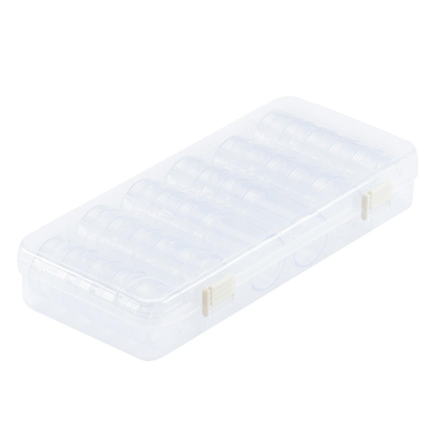 Vaessen Creative Storage Box with 6 Compartments and 28 Round Jars, Transparent Organiser Case for Storing Diamond Painting Drills, Beads, Glitter