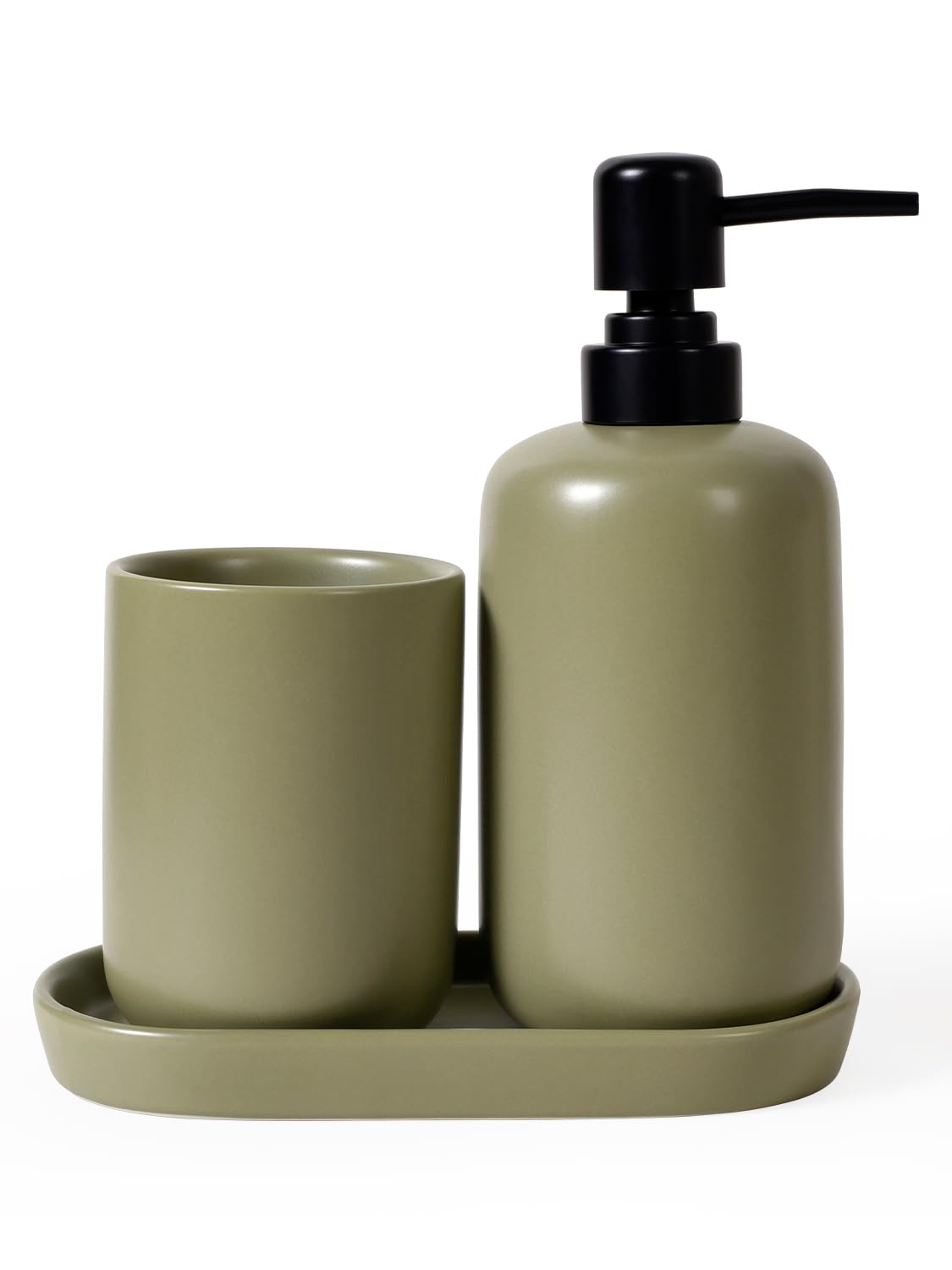 Autumnlife 3 Pcs Ceramic Bathroom Accessory Set - Liquid Soap Dispenser, Toothbrush Holder & Tray, Bathroom Counter Set