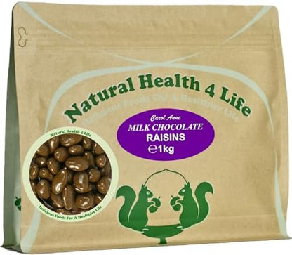 Natural Health 4 Life Milk Chocolate Raisins 1kg – Chocolate Covered Raisins in in Resealable Pouch, 4.8g Protein/100g, Gluten Free & Vegetarian, Ideal for Parties, Baking & Events, UK Made (1 Pouch)