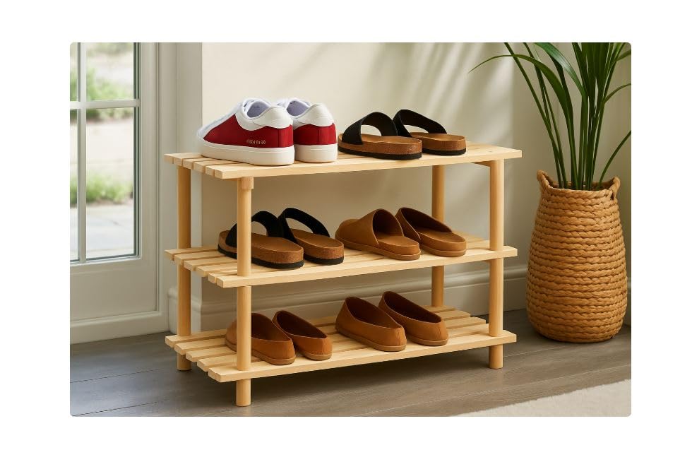 AKSHIDE Wooden ShoeStorage Rack, ShoeStorage Organiser, Shoe Shelf for Hallway, Wooden Storage Rack,Slatted Design, Entryway Organiser