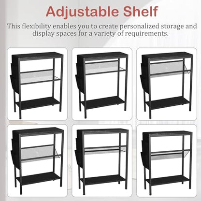 Yusong Small Narrow Side Table for Small Spaces, Slim End Table with Storage Bag, Sofa Snack Table with Adjustable Metal Mesh, 3 Tier Accent Skinny Beside Table for Living Room & Bedroom, Black Oak