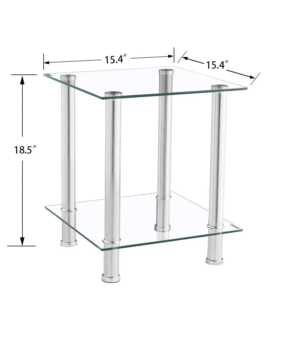 GOLDFAN 2-Tier Small Glass Coffee Table Corner Side End Table with Clear Glass and Stainless Steel Legs Living Room, Transparent (Two tables)