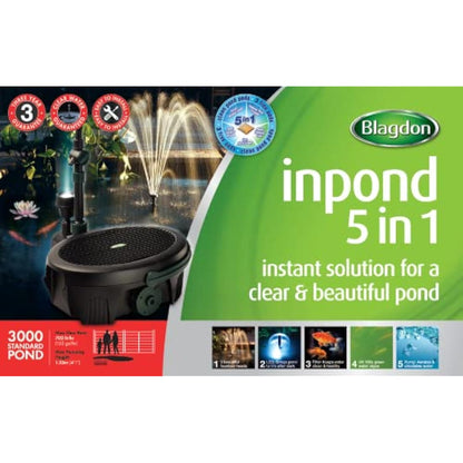 Blagdon Inpond 5-in-1 3000 Easy Care Clean Pond Solution, 10w Pond Pump & Filter with UV Clarifier for Algae Control and Clear Water, LED Light, 3 Fountain Heads, for Ponds Up to 3,000L, Black