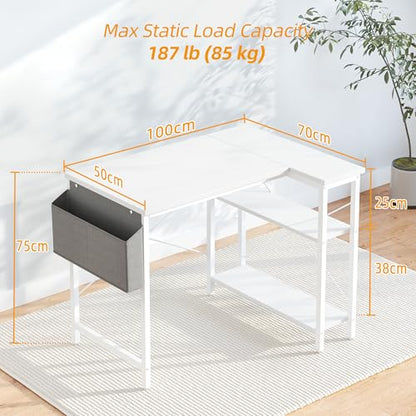 BEXEVUE L Shaped Corner Desk - 100x70 cm Study Office Gaming Desk, Computer Desk Small Writing Table, Large Reversible Storage Shelves, Bookshelf