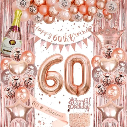 Rose Gold 60th Birthday Party Decorations Set With Balloons, Banner and Triangle Flag