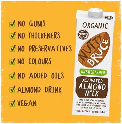 Nutty Bruce - Unsweetened Activated Almond Milk - Certified Organic & Vegan Alternative Milk, No Preservatives, Colours or Added Oils, Lactose Free, Dairy Free, Soy Free - 6 pack x 1L