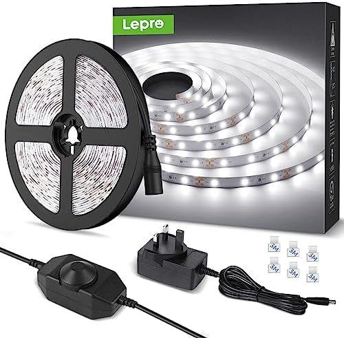 Lepro LED Strip Light White 5M 300 LEDs, 1650lm Dimmable Strip Lights for Kitchen, Cool White 6000K Daylight LED Strip for Under Units Cabinet Cupboards (12V Power Plug and Dimmer Switch Included)