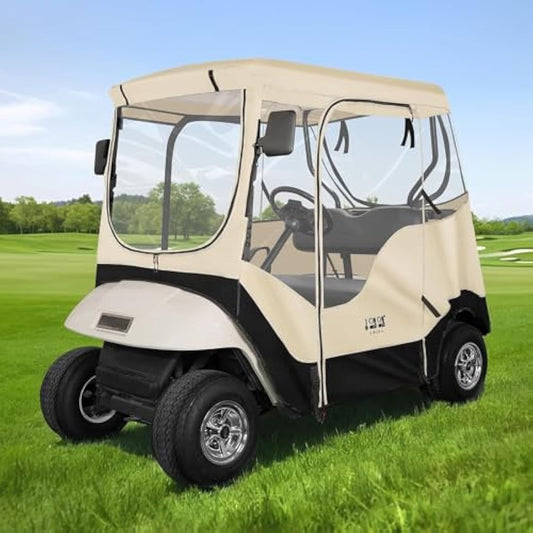10L0L Golf Cart Enclosure Fit for 2 Passengers EZGO TXT RXV,600D Waterproof Snowproof Golf Buggy Keep Warm Cover, 2 Door Zippers 4-Side Clear Window and 4 Windproof Hooks Golf Cart Rain Cover, Black