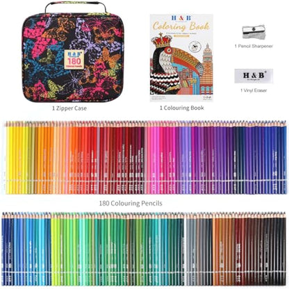H & B Colouring Pencils Set 180 Oil Based Coloured Pencils Professional Colouring Pencils with Colouring Book Art Set for Beginners Adults Artists