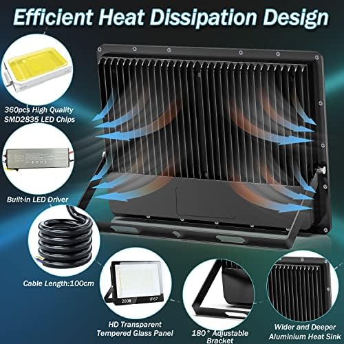 YIQIBRO 200W LED Floodlight Outdoor 2 Pack, 20000LM 7000K Super Bright Security Light, IP67 Waterproof LED Spotlight Wall Light for Garden, Garage, Yard, Factory, Warehouse