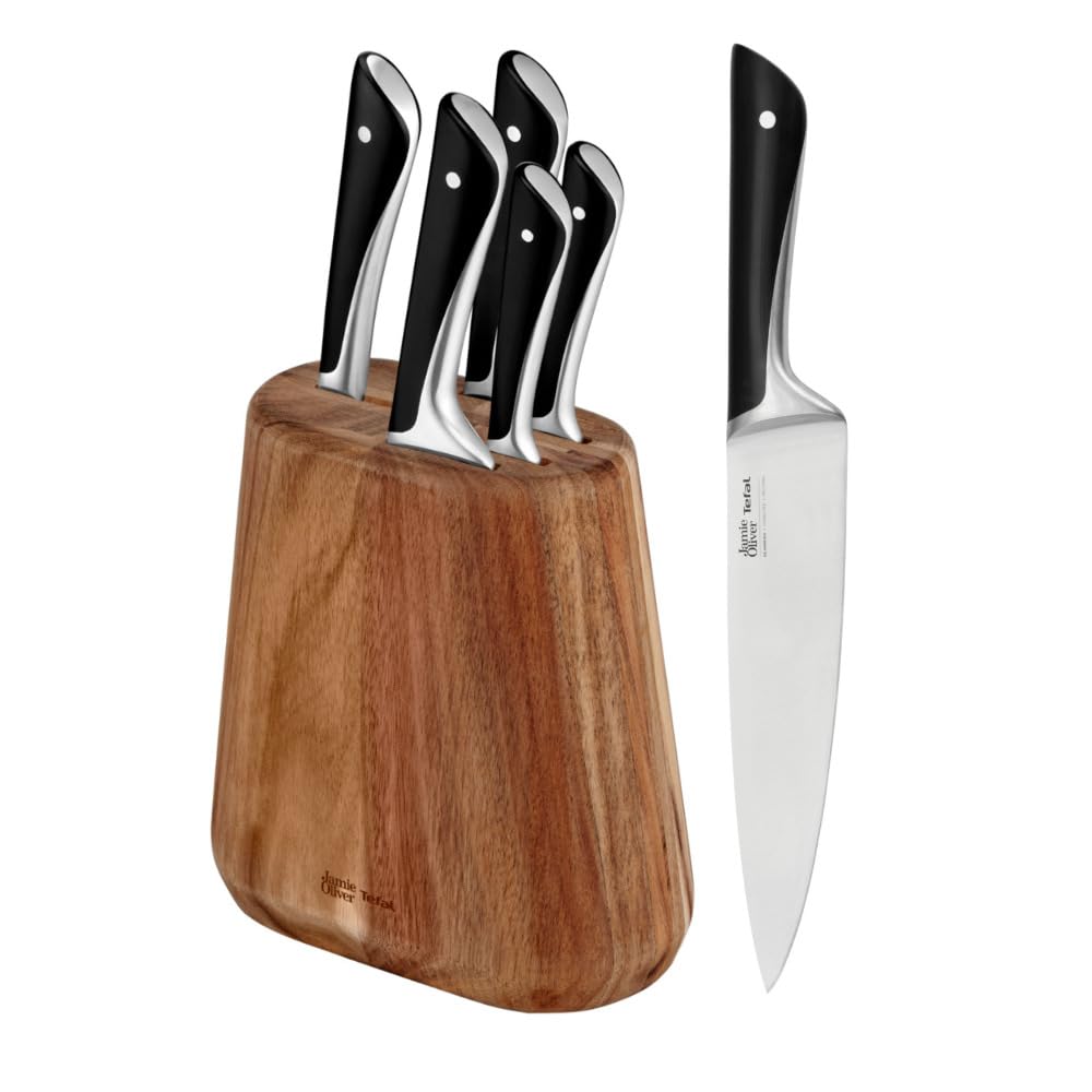 Tefal JO 'The Knife Series' 5PC + Knife Block Set (9CM PARING + 12CM Utility + 16.5CM SANTOKU + 20CM Chef + 20CM Bread Knives)