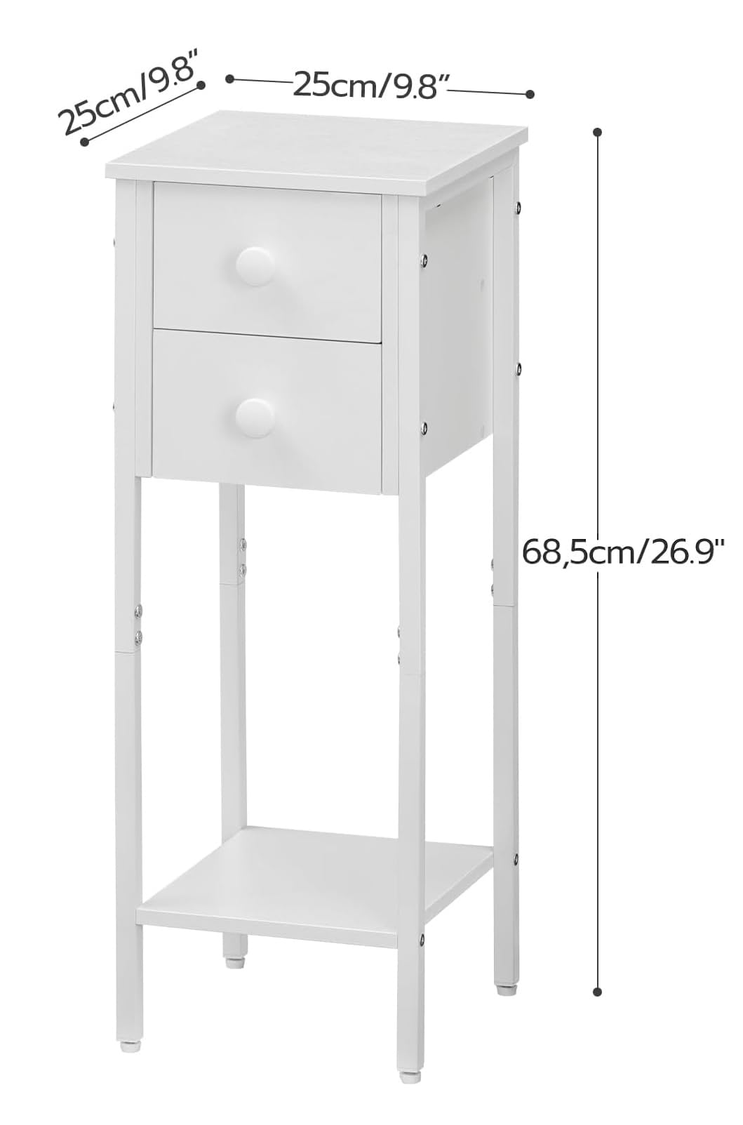 HOOBRO Narrow Bedside Table Set of 2, Slim Bedside Table, Telephone Table with 2 Drawers, Tall Side Table with Metal Frame