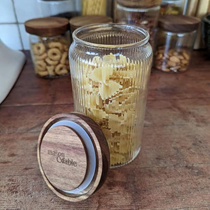 Mason & Fable Ribbed Glass Jar with Wooden Lid 800ml-Set of 3| Airtight Fluted Storage Canister for Food, Pasta, Coffee, Dog Treats, Snacks | Container for Home & Kitchen