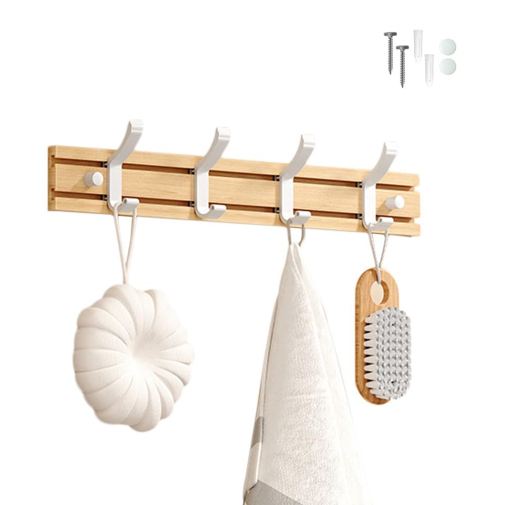 Koomuao Jumuao Bamboo Wall Mounted Coat Rack, 4 Hooks for Hanging Clothes, Bathrobes, Towels, Coats Wall Hook for Entryway, Bedroom, Bathroom