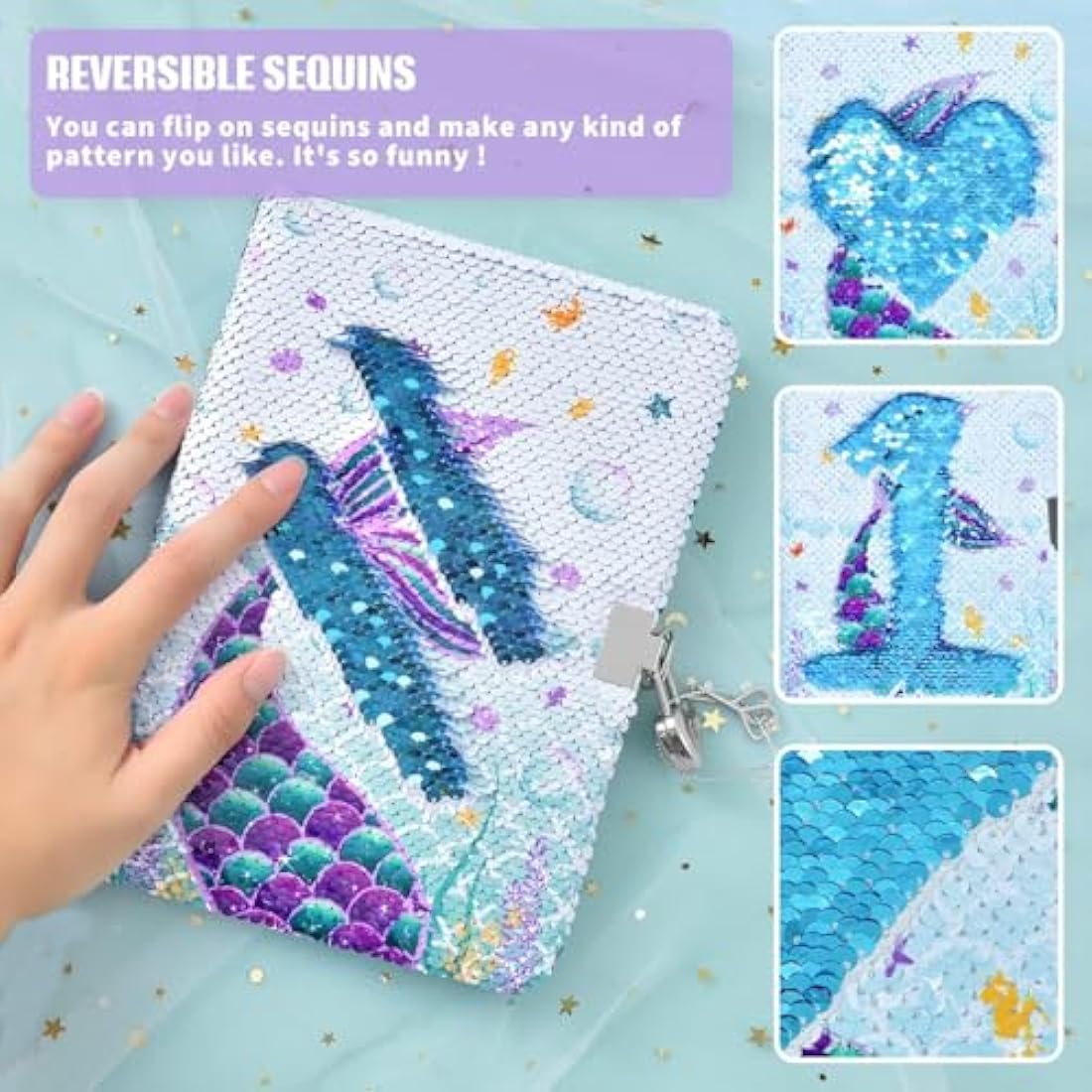 WERNNSAI Mermaid Sequins Notebook - Reversible Mermaid Journals Unique Gift for Adults Girls Travel School Office A5 Secret Diary Notebooks with Locks and Keys