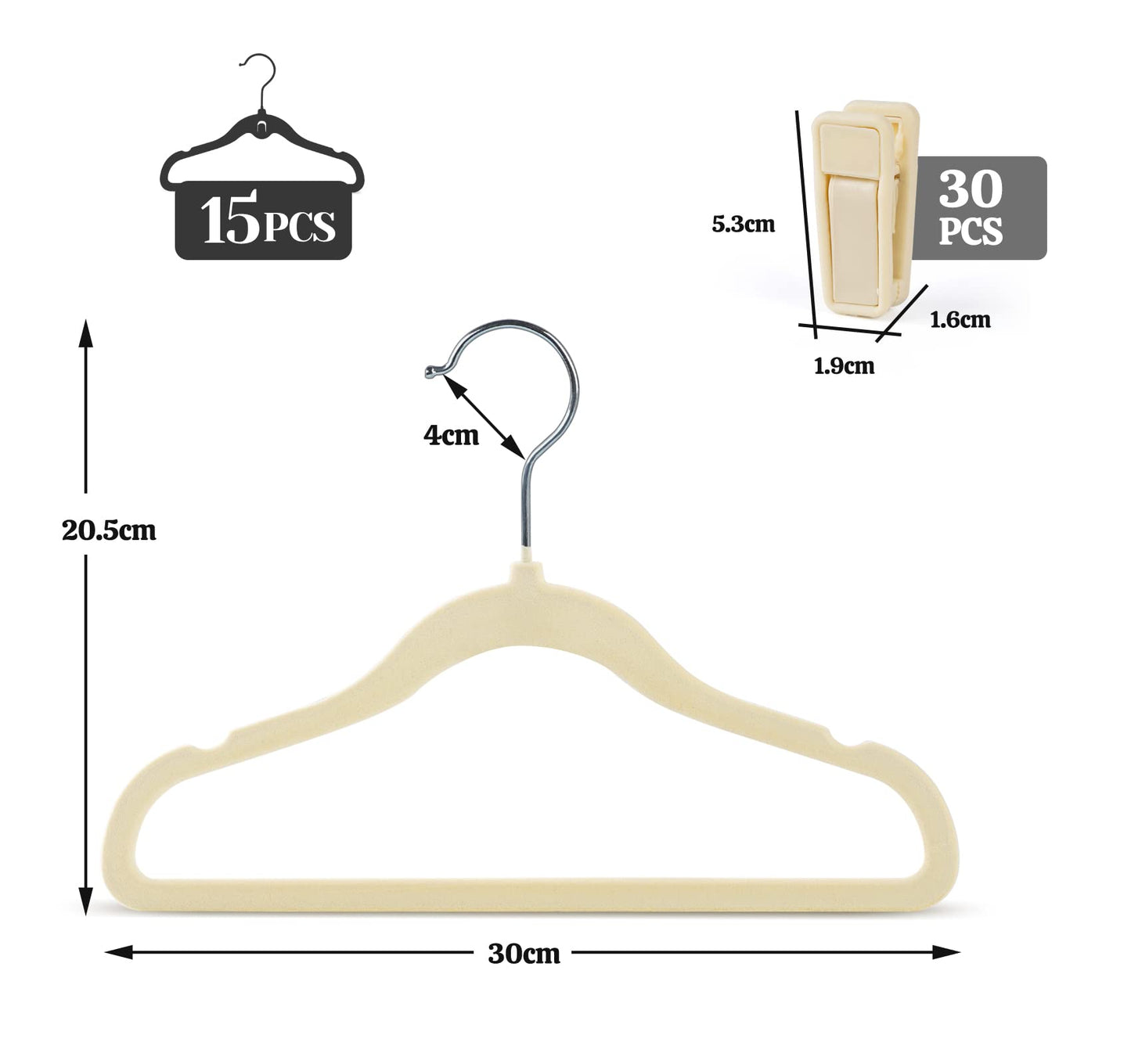 HOUISM Kids Velvet Hangers with 30 Finger Clips Ivory, Non-slip Children Clothes Hangers