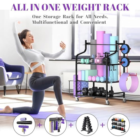 Mythinglogic Dumbbell rack-Yoga Mat weight rack-Home Gym Storage Rack for Dumbbells Kettlebells, Foam Roller, Yoga Strap, Resistance Bands - Workout Equipment Storage Organizer with Hooks and Wheels