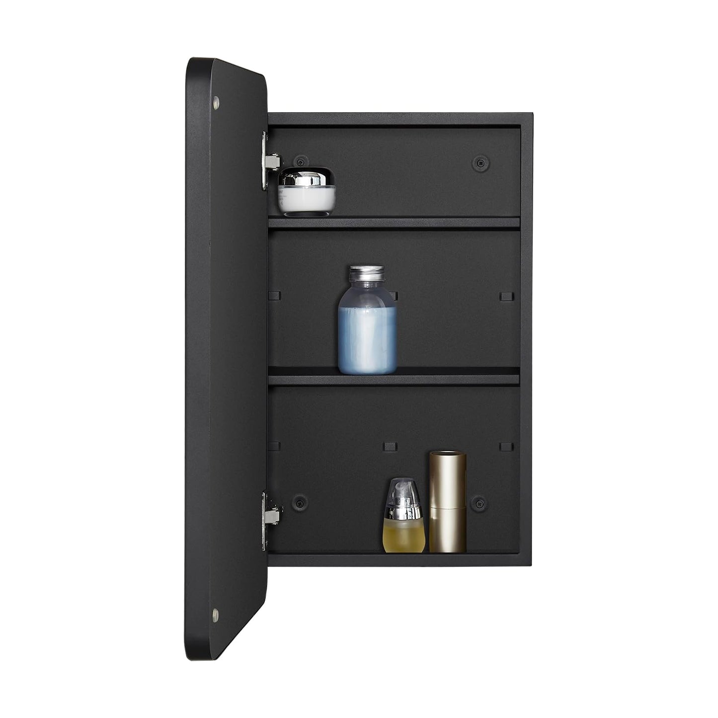 Fundin Bathroom Mirror Cabinet with Storage – Metal Framed Round Corner Door, Adjustable Shelves, Matte Black, Surface Mount Wall Mounted - 30 x 55 cm