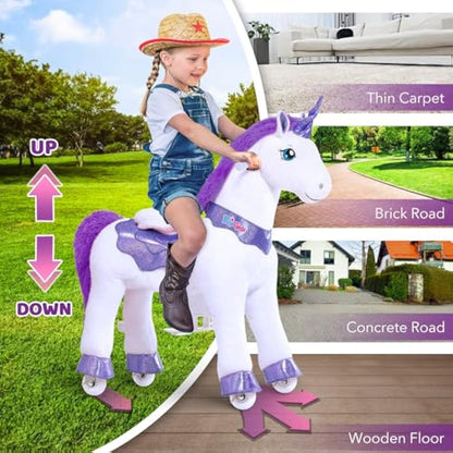 PonyCycle Essential Model E Ride on Unicorn Kids Scooter with Brake (Purple/Size 3 for Age 3-4) Pony Cycle Toddler Rocking Unicorn Mechanical Riding Toy - E313