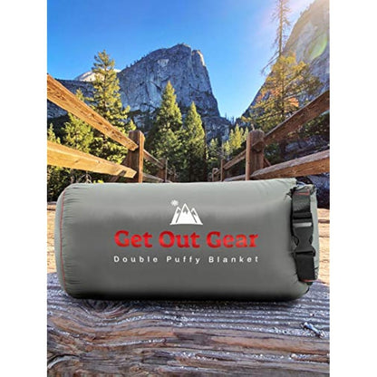 Get Out Gear Double Puffy Camping Blanket - Extra Puffy, Packable, Lightweight and Warm | Ideal for Outdoors, Travel, Stadium, Festivals, Beach, Hammock | Water-Resistant Camp Quilt (Gray/Burgundy)