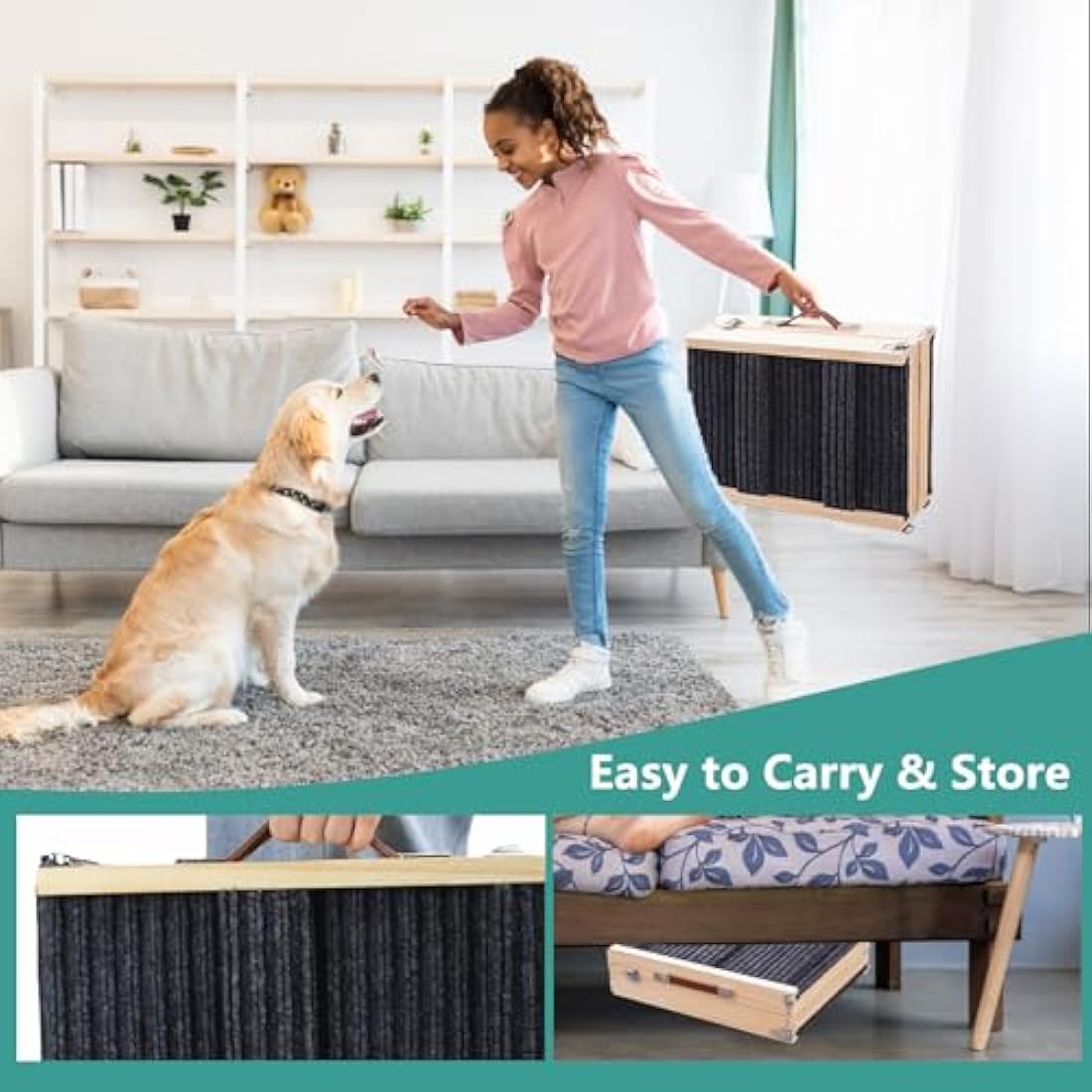 Umtiti Wooden Folding Portable Pet Ramp. 4 Levels Adjustable 9" to 17.3" with Non-Slip 5 Paw Traction Mat for Small Medium Doggie. Dog Ramps-UK