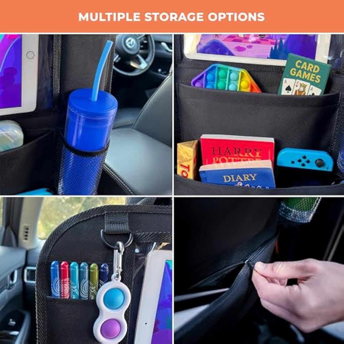Huckaboo Car Seat Organiser - Kids Back Seat Organiser, Storage Pockets, Screen Holder, Black, 2 Pack