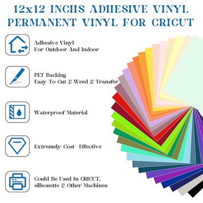 VINYL FROG Permanent Adhesive Vinyl Bundle 70 Pack Adhesive Vinyl Sheets 12''x12'' Permanent Vinyl for Cups, Decals, DIY Craft Projects