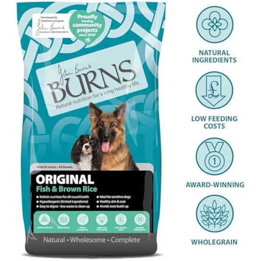 Burns Pet Nutrition Hypoallergenic Complete Dry Dog Food Adult and Senior Dog Original Fish and Brown Rice 12 kg
