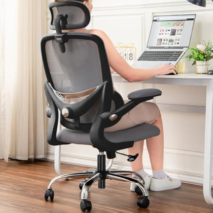 TONFARY Ergonomic Office Chair - High Back Mesh Design with Adjustable Lumbar Support, Flip-Up Armrests, Removable Headrest & 360° Swivel - Space-Saving for Home, Work, or Gaming - Black + Grey