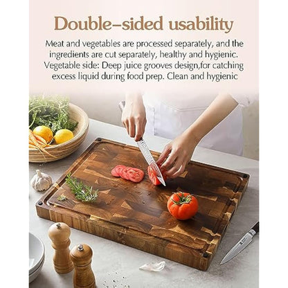 XINZUO Large Thick End Grain Acacia Wood Cutting Board- (19''L x 14''W x 1.5''T) Reversible Wooden Chopping Board with Non-Slip Feet, Built-in Handles and Juice Groove- Butcher Block Cutting Board