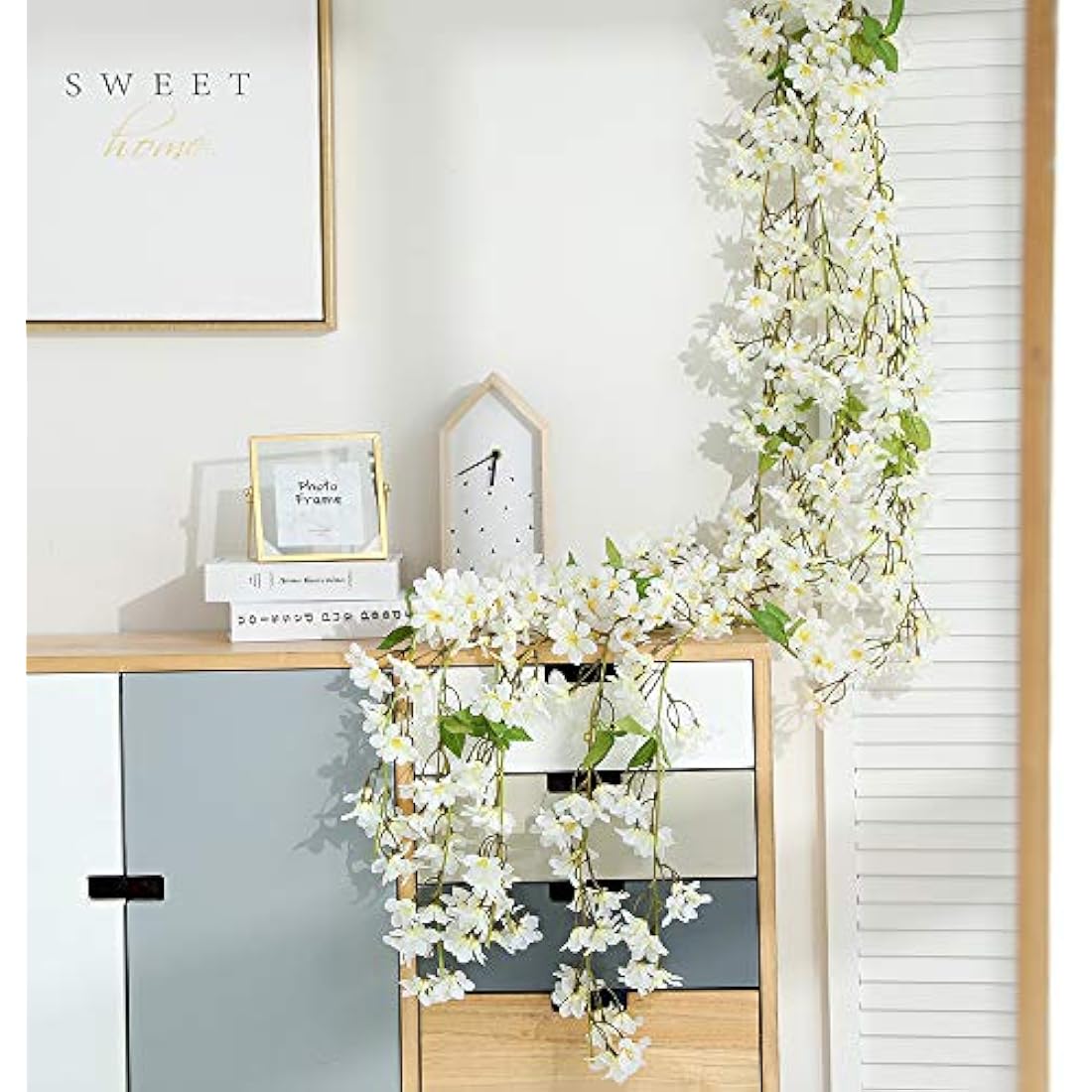 JUSTOYOU 2 Pcs 5.7FT Artificial Sakura Cherry Blossom Flowers Hanging Vine Fake Sakura Garland Fake Oriental Cherry Wreath Home Garden Party Wedding Decor (Cherry White, 2 PCS)