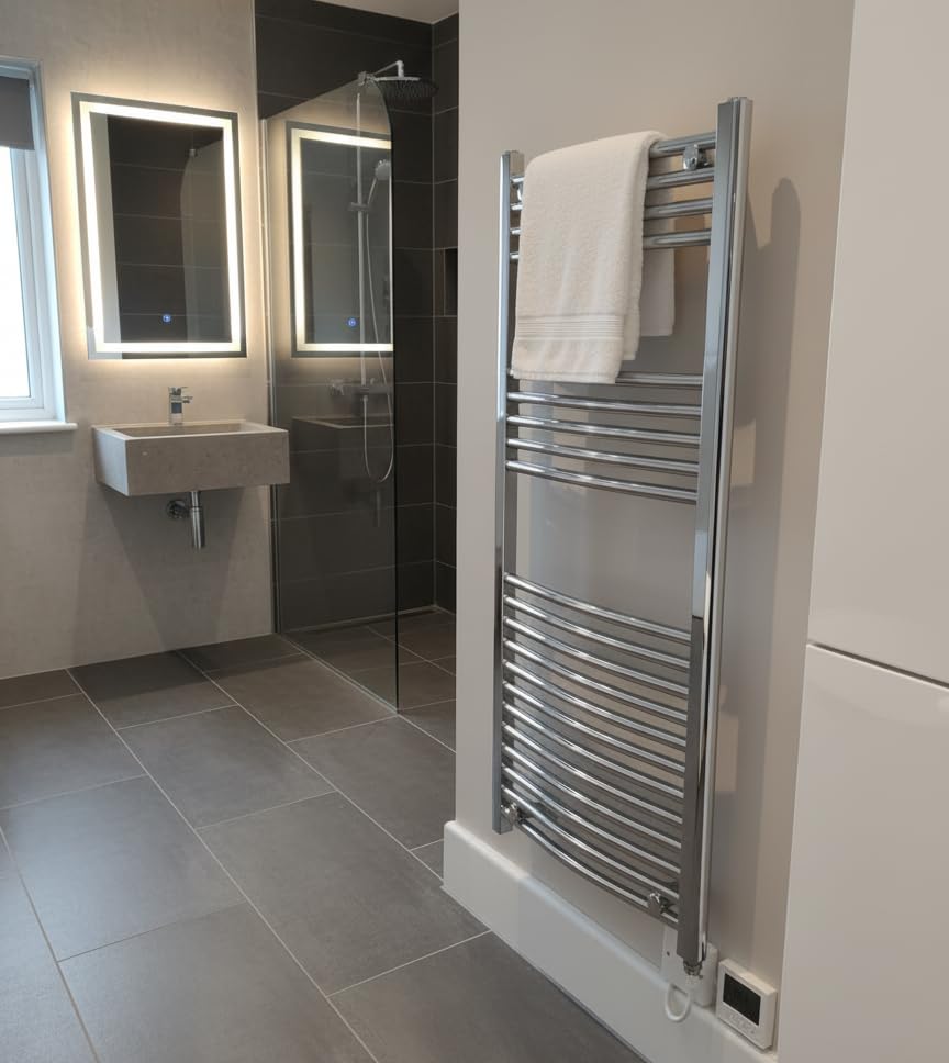 Greened House Electric Chrome 500W x 800H Curved Towel Rail + Timer and Room Thermostat Bathroom Towel Rails