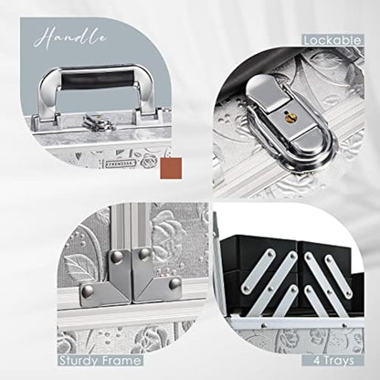 Professional Beauty Vanity Case Cosmetic Makeup Box Nail Polish Storage Beauty Train Case Lockable with Keys(Silver Rose)