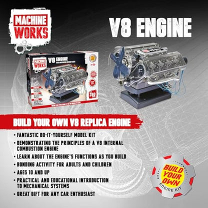 Machine Works Build Your Own V8 Engine Toy - Replica Model Building Kit - Features Augmented Reality, Sounds and Illumination, 4 Modes, 250+ Pieces, 10+ Years