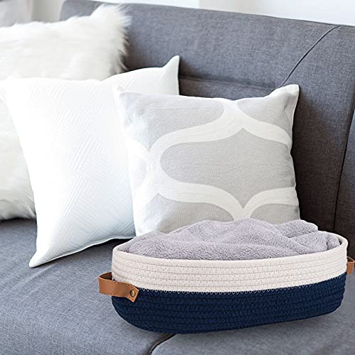 Oradrem Toilet Basket Woven Storage Basket for Toilet Tank Top Farmhouse Home Decor Organization Baskets 13 x 6 x 4 inch Navy Stitching White