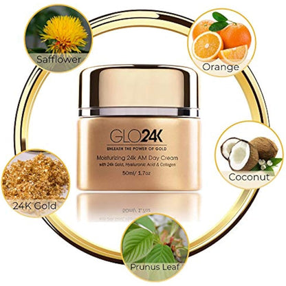 GLO24K Moisturizing Day Cream with 24k Gold, Anti-Aging with Vitamins, Hyaluronic Acid, Collagen
