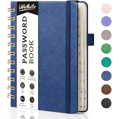 WEMATE Spiral Password Book with Alphabetical Tabs, Small Password Keeper Book for Seniors, Internet Password Notebook Hardcover Password Journal logbook – 12 x 15cm (Navy Blue)
