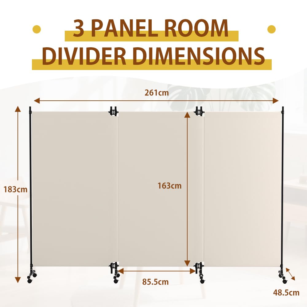 HIDODO 3 Panel Upgraded Room Divider with Wheels, 261cm W x 183cm H, Beige