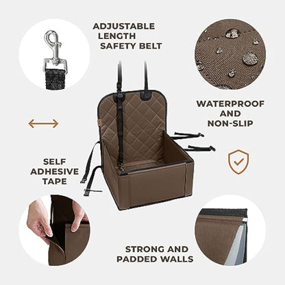 Wuglo Extra Stable Dog Car Seat - Robust Car Dog Seat or Puppy Car Seat for Small to Medium-Sized Dogs - Reinforced Walls and 3 Belts - Waterproof Pet Car Seat for Back and Front Seat (Brown)