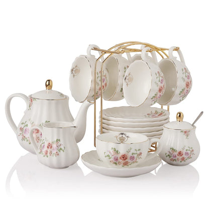 Sweejar Home Porcelain Tea Set Royal Family 225 ml to Cups and Saucers with Teapot Sugar Bowl Milk Jug Ceramic Tea and Coffee Cups (Rose Flower)