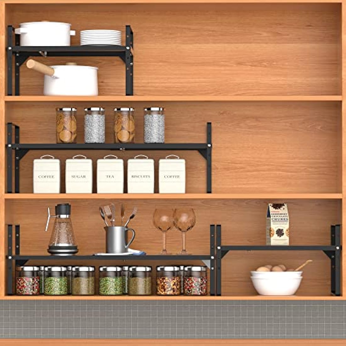 ARCCI Expandable Kitchen Cabinet Shelf Organizers, Stackable Metal Pantry Storage Shelves Rack, Adjustable Counter Spice Shelf for Cabinets, Countertop, Cupboard Organizers and Storage, Black