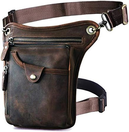 Le'aokuu Mens Genuine Leather Messenger Shoulder Bag Waist Bag Pack Drop Leg Bag Motorcycle 833
