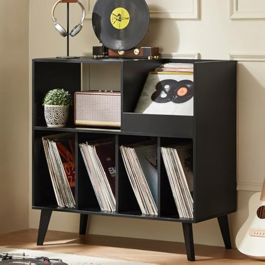 Large Record Stand With Storage and Shelf - Vinyl Holder With Presentation Surface for Up to 300 Albums - Music Room and Living Room Storage Solution
