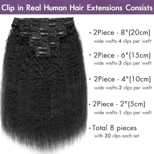 YDDM Kinky Straight Clip ins Human Hair Natural Black Remy Human Hair Extensions Natural Thick Clip in Hair Extensions for Black Women 14 Inch 120g 8pcs 20Clips